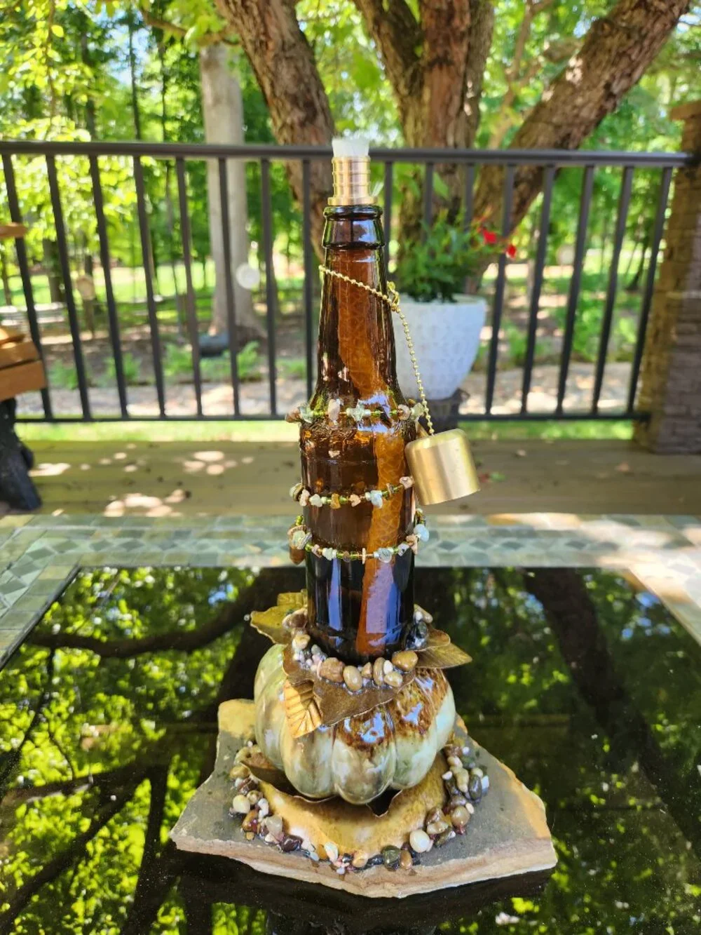Upcycled Tiki Torch Carnelian Stone Accents Flagstone Base